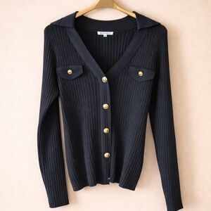 Nanette Lepore Black V-Neck Sweater with Gold Buttons